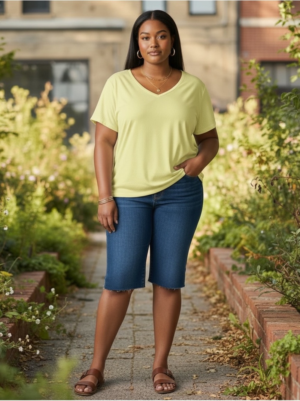 Ribbed V-Neck Short Sleeve Top Morning Sun